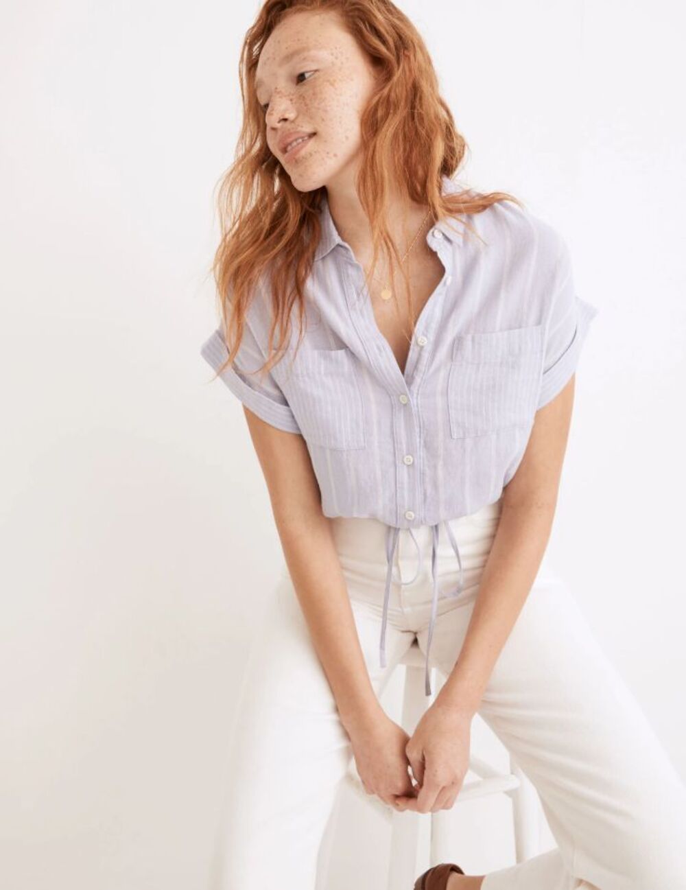 Madewell Small Button Up Drawstring Shirt in Stripe Play Distant Lavender Crop